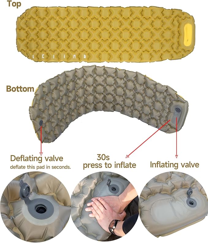 iClimb Ultralight Compact Sleeping Pad with Built-in Pump Inflatable Portable Air Mattress for Camping Backpacking Hiking (Yellow)