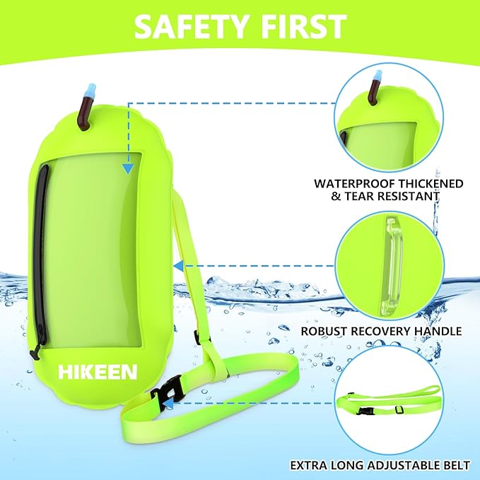Hikeen Swim Buoy -Waterproof Touchscreen Storage Space, Swim Safety Float w/Adjustable Waist Belt for Open Water Swimmers and Triathletes -Be Bright,Be Safer & Be Seen Green