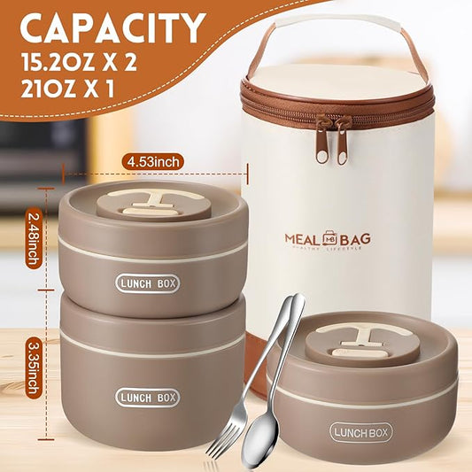 Dandat 3 Pcs Portable Insulated Lunch Container Set for Adult kids, Stackable Stainless Steel Bento Box for Hot Food with Insulated Lunch Bag Unisex 3 Separate Thermal Food Container(Khaki)