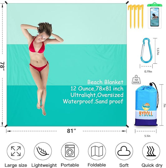 BYDOLL Beach Blanket 78''X81'' 4-7 Adults Oversized Lightweight Waterproof Sandproof Blanket for Beach Large Picnic Mat Travel Camping
