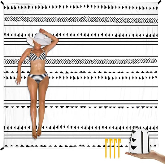 Large Beach Blanket for 1-4 Adults, 78''×86'' Waterproof Sandproof Beach Blankets with 4 Stakes & 4 Corner Pockets, Polyester Lightweight Foldable Outdoor Picnic Mat for Travel, Camping, Hiking