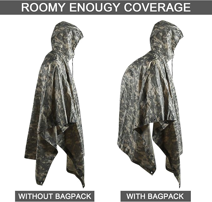 Camo Rain Poncho, Multi Use Waterproof Rain Coat
