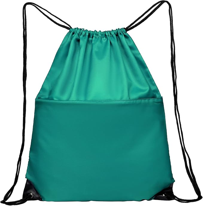 BuyAgain Drawstring Backpack Sports Water Resistant String Bag Sport Gym Sackpack for Women Men Students Large Size with Zipper, Teal