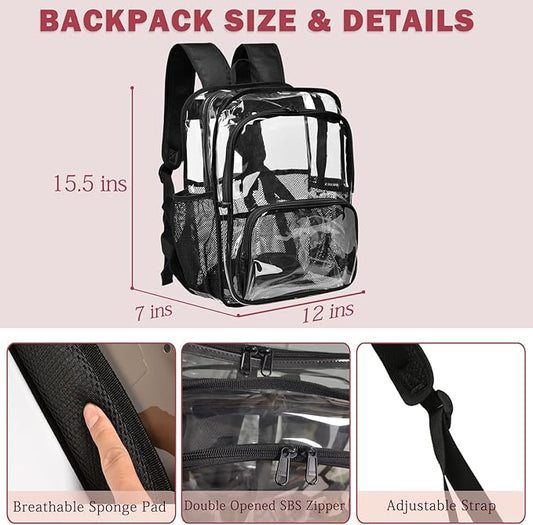Clear Backpack,15'' Clear Backpacks for School Heavy Duty See Through Bookbag Multi-pocket PVC Backpack for Men Women