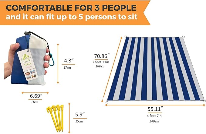 Outdoor Blanket (71" x 55") -Compact, Lightweight, Sand Proof Pocket Blanket Best Mat for The Beach, Hiking, Travel, Camping, Festivals with Pockets, Loops, Stakes, Carabiner