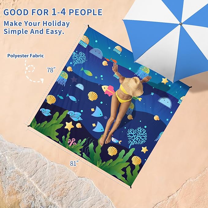 BYDOLL Beach Blanket Waterproof Sandproof 78''×81'' Suits1-4 Adults Compact Lightweight Oversized Sand-Free Blanket Large Picnic Mat for Beach Travel Camping Hiking