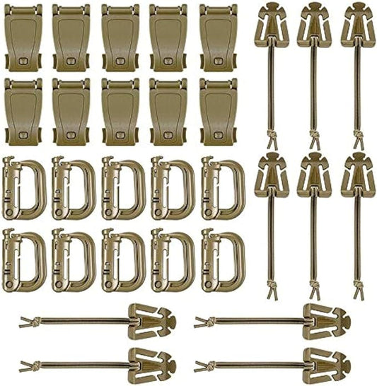 BOOSTEADY 36PCS Attachments for Tactical Backpack Vest Belt,D-Ring Grimloc Locking Gear Clip, Web Dominator Elastic Strings, Strap Management Tool Buckle,Hydration Tube Clips,Key Ring,MOLLE Bag