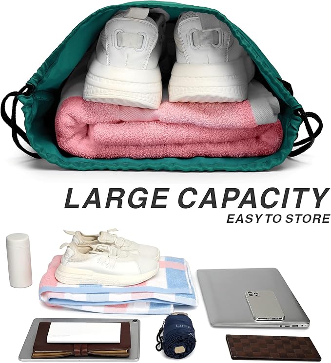 BuyAgain Drawstring Backpack Sports Water Resistant String Bag Sport Gym Sackpack for Women Men Students Large Size with Zipper, Teal