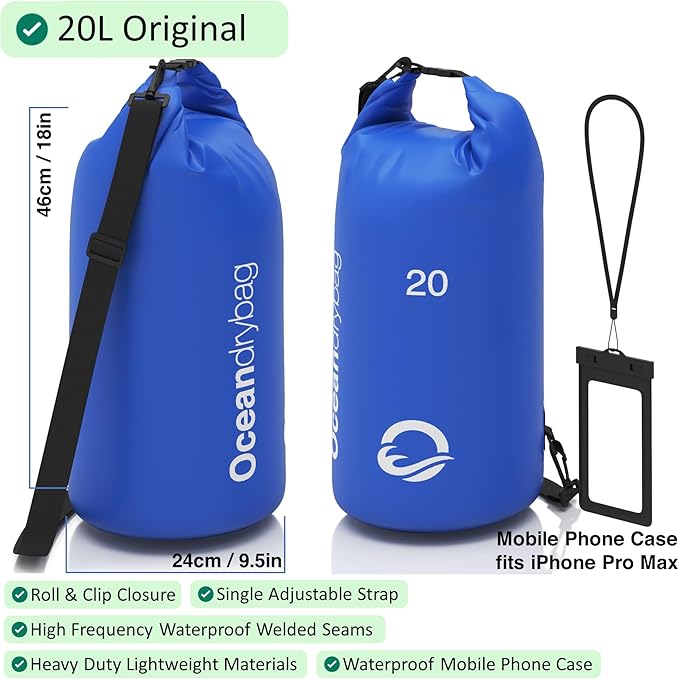 Oceandrybag - Waterproof Dry Bag Backpack - Floating Dry Sack Portable for Kayaking, Beach, Rafting, Boating, Hiking, Camping, Fishing with Waterproof Phone Case