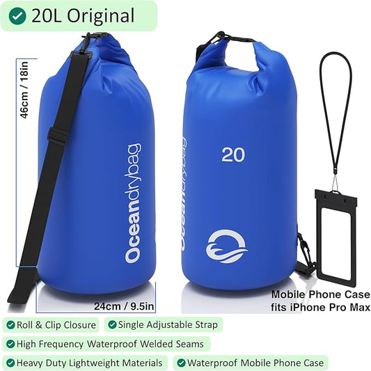 Oceandrybag - Waterproof Dry Bag Backpack - Floating Dry Sack Portable for Kayaking, Beach, Rafting, Boating, Hiking, Camping, Fishing with Waterproof Phone Case