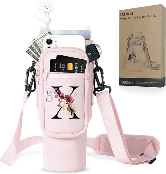 dabria Initial A-Z Water Bottle Bag with Phone Pocket for Stanley 40 oz Tumbler Neoprene Water Bottle Holder Pouch with Adjustable Strap Bollus with Straw Cover & Carabiner for Stanley Cup Accessories
