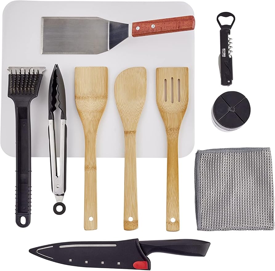 Camp Kitchen Organizer and Utensil Kit - Set of 14 - Travel Organizer - Grill Accessories - Portable Camping Gear