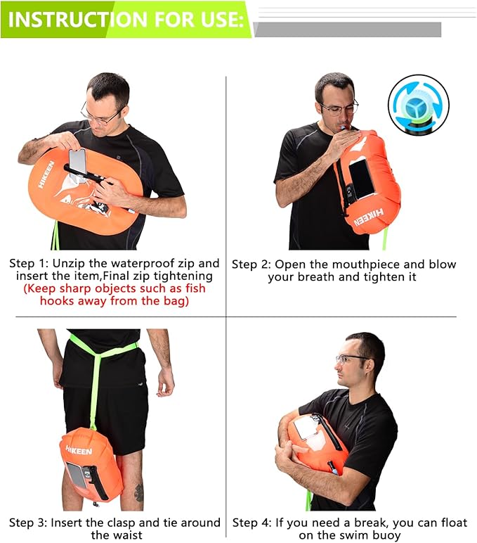 Hikeen Swim Buoy -Waterproof Touchscreen Storage Space, Swim Safety Float w/Adjustable Waist Belt for Open Water Swimmers and Triathletes -Be Bright,Be Safer & Be Seen Green