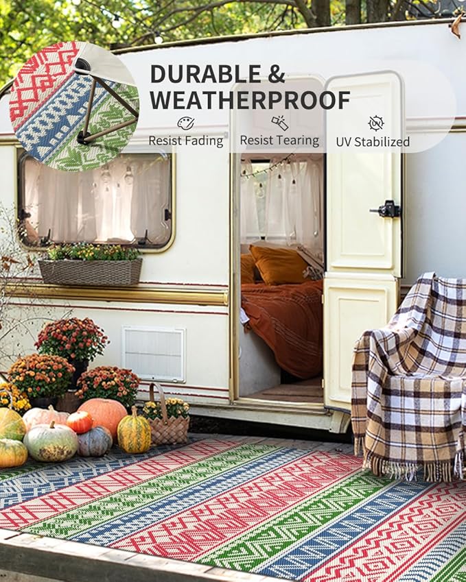 MontVoo Outdoor Rug Carpet 8x10 Waterproof-Patio Rug Mat Reversible RV Camping Rug Picnic Mat Plastic Straw Outside Rug for Balcony Porch Deck Beach-Boho Outdoor Area Rug for Patio Decor Colorful