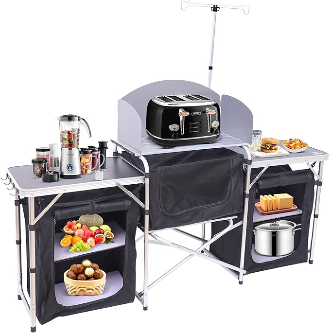 Nice C Camping Kitchen Table, Folding Table, Upgrade Light Stand and Windshield Cooking Station & 3 Organizers, Carry Bag for Outdoor, Beach, BBQ, Picnic, Cooking, Indoor, Office(Silver)
