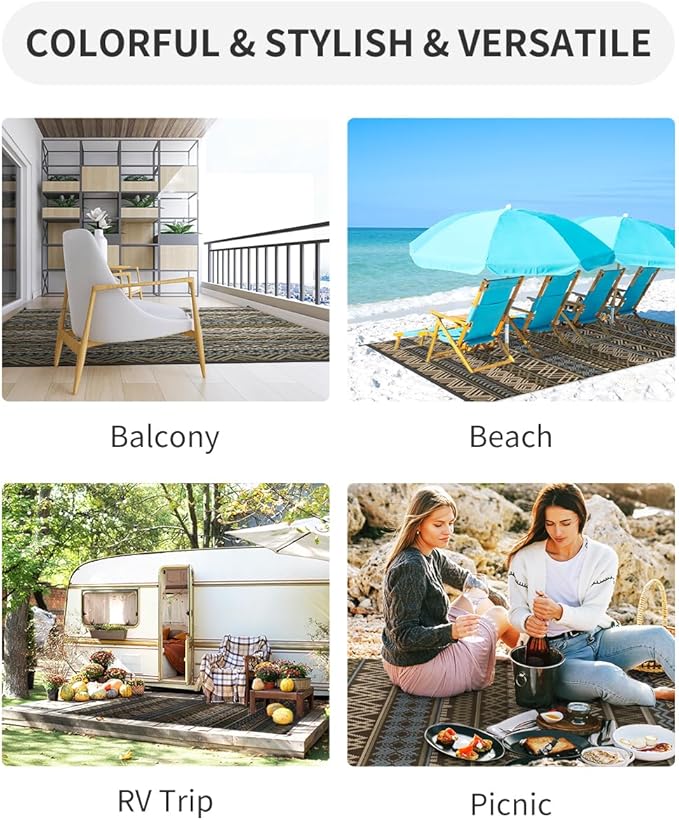 MontVoo Outdoor Rug Carpet 8x10 Waterproof-Patio Rug Mat Reversible RV Camping Rug Picnic Mat Plastic Straw Outside Rug for Balcony Porch Deck Beach-Boho Outdoor Area Rug for Patio Decor Colorful