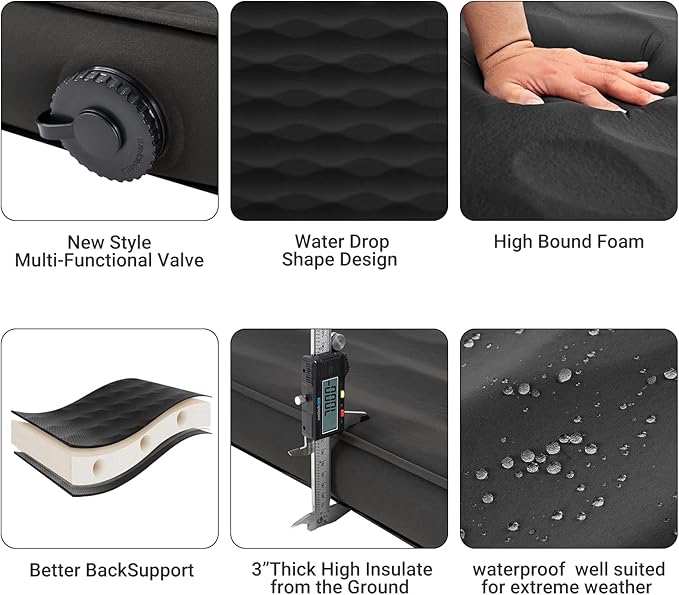 KingCamp Double Sleeping Pad, 2 Person Queen R 7.9 Self Inflating Sleeping Pad 3" Thick Full Size Foam Mattress Mat with 3D Sidewalls & Wave Surface Cut for Camping Tent Car, PVC Free (Black)