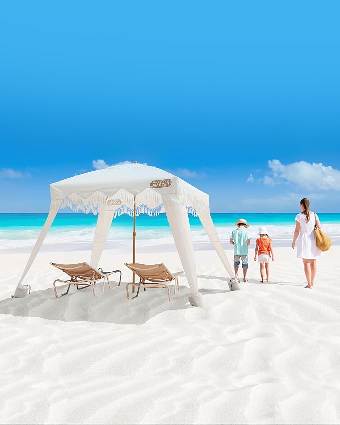 OutdoorMaster Beach Cabana with Fringes, Portable 6' x 6' Beach Canopy for Sand, Easy Set Up Sun Shelter, Included Side Wall, UPF 50+ UV Protection Sun Umbrella - for Family & Friends -Romantic White