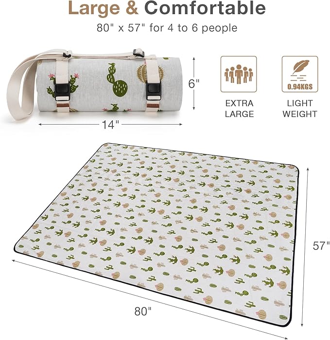 Picnic Blankets Washable | Beach Mat Sand Free Waterproof | Camping Blankets | Emergency Blankets | Picnic Baskets Accessories with Waterproof Backing and Shoulder Strap - Cactus