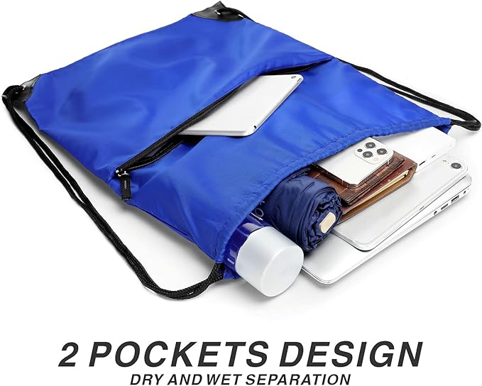BuyAgain Drawstring Backpack Sports Water Resistant String Bag Sport Gym Sackpack for Women Men Large with Zipper, Royal