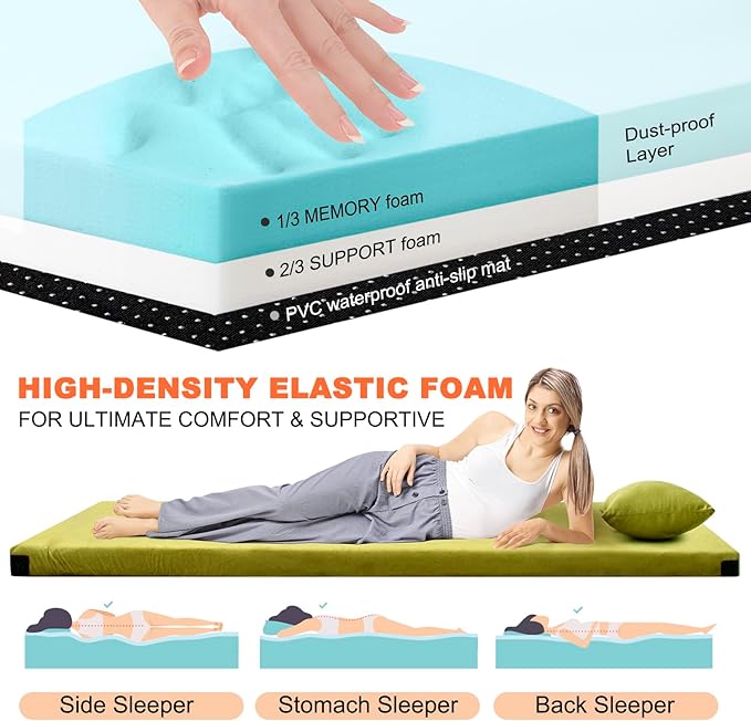 Memory Foam Camping Mattress Sleeping Pad, 3" Thick Waterproof Portable Roll Up Sleeping Mats & Floor Mattress Pad with Pillow + Travel Bag for Camping Car Truck SUV Tent Sleepover Kids Adult