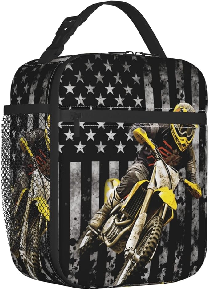 American Flag Motorcycle Lunch Bag Insulated Reusable Lunch Box Thermal Cooler Tote For Men Women Work Travel Picnic Hiking