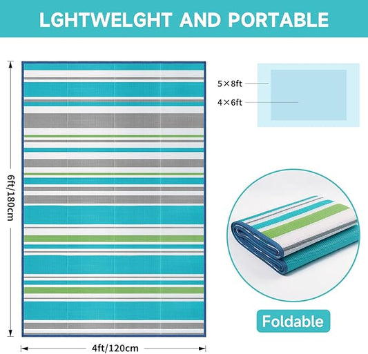 Outdoor Patio Plastic Rug Waterproof - Outdoor Rugs for Camper Outside, Rv, Porch Deck Rug Clearance, Area Carpet for Outside, Balcony, Patio Decor, Turquoise & Grey, 4x6 ft