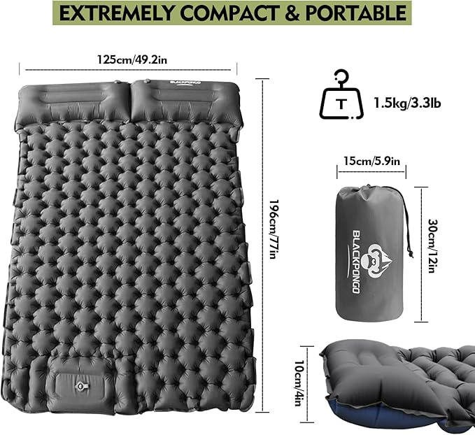 Camping Sleeping Pad, Ultralight Camping Mat with Pillow Built-in Foot Pump Inflatable Sleeping Pads Compact for Camping Backpacking Hiking Traveling Tent (Grey, Double)