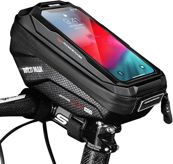 Bike Handlebar Bag, Waterproof Bicycle Frame Top Tube Pouch Pannier Cycling Handlebar Bags Bike Phone Mount Cycle Cell Phone Holder Stand for iPhone 16 15 14 13 Pro Max Samsung Smartphone up to 6.7''