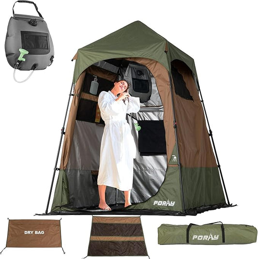 Portable Camping Shower Tent Deluxe Changing Room with Shower Bag Easy Set Up Privacy Shelter,Large Toilet Tent with Floor Drain Design for Beach,Camping,Hiking with Stakes and Ropes for Stability