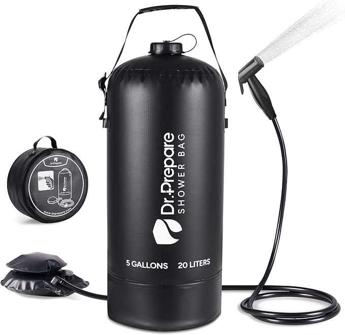 DR.PREPARE Camping Shower, 5 Gallons/20L Portable Shower with Foot Pump, Large Water Inlet, Outdoor Camp Shower Bag for Camping, Beach, Hiking, Climbing