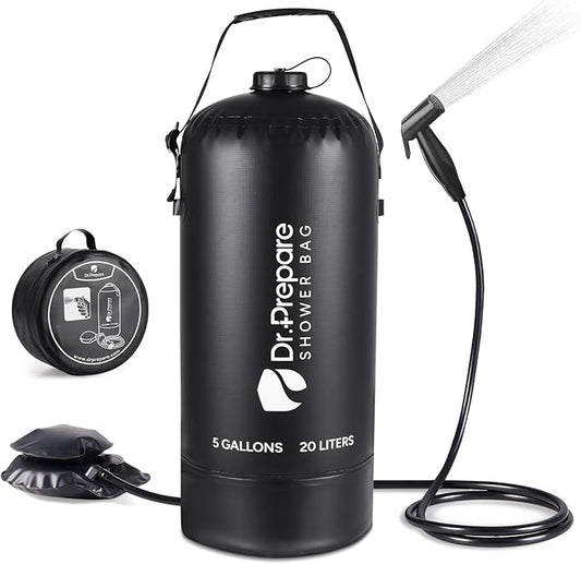 DR.PREPARE Camping Shower, 5 Gallons/20L Portable Shower with Foot Pump, Large Water Inlet, Outdoor Camp Shower Bag for Camping, Beach, Hiking, Climbing