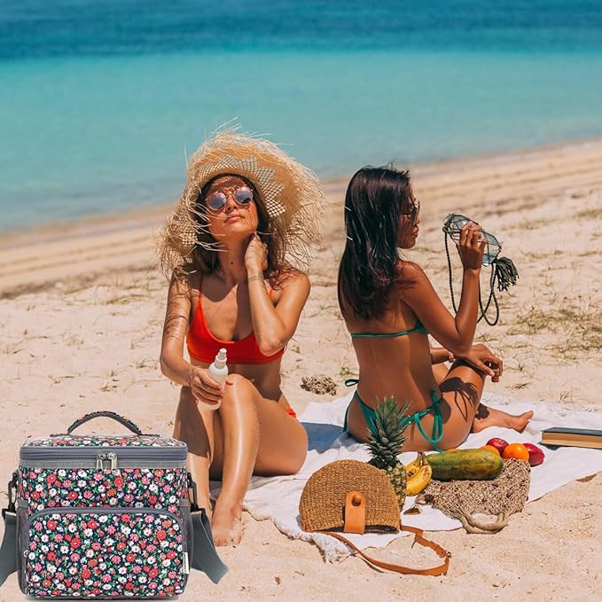 Insulated Reusable Lunch Bag Adult Large Lunch Box for Women and Men with Adjustable Shoulder Strap,Front Zipper Pocket and Dual Large Mesh Side Pockets,Floral