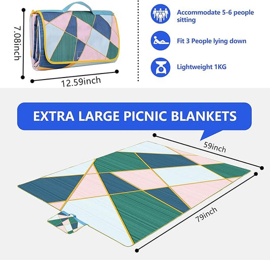 Picnic Blanket, Foldable Waterproof Sand Mat, Extra Large Picnic Blanket Outdoor Picnic Mat Beach Blanket for Park Grass Camping Hiking Travel Family Concerts