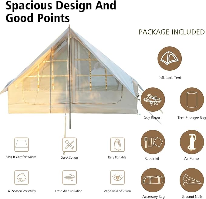 Inflatable Camping Tent with Pump, Upgraded Waterproof Windproof Glamping Blow Up Tent, Easy Setup 4 Season Air Cabin House with Mesh Windows & Door,4-6 Persons