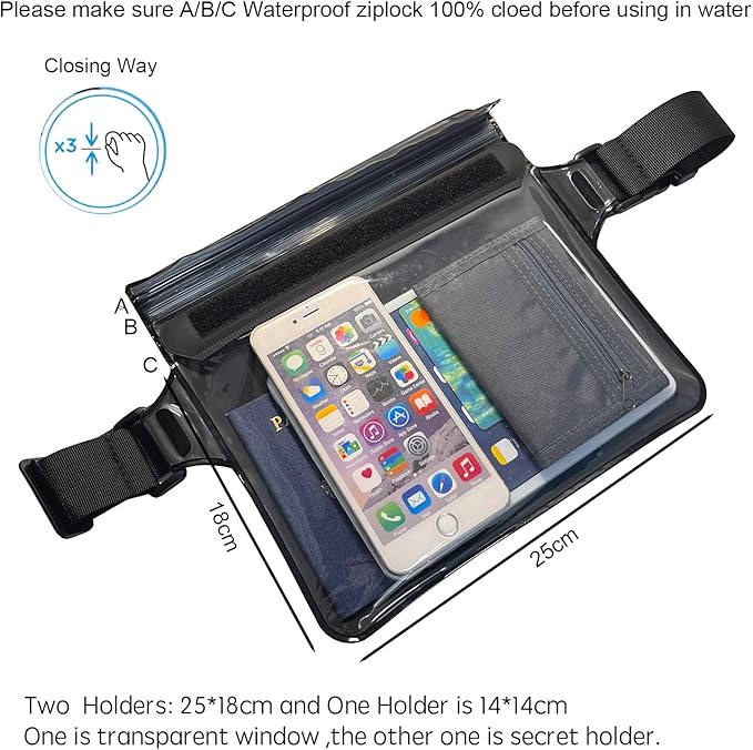 DRLOKPAK Waterproof Waist Pouch Fanny Pack Bum Bag Hip Pouch for Swim Surf Sail Snorkel Kayak Beach Pool to protect Wallet Passport Phone watch eReader mini tablet Dry (Black)