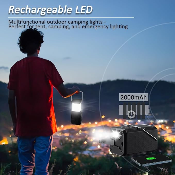 Camping Lantern Rechargeable, Hand Crank & Solar Camping Lights with USB Output, Tent Lights for Camping, Portable Camp Lamp, Camping Hurricane Home Power Failure Essentials (Black, 1 Pack)