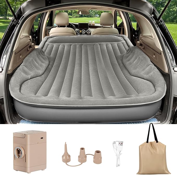 Self-Inflating SUV Air Mattress with Built in Electric Pump，car air Mattress with Pillow for Trunk，Portable car Mattress for Travle and Camping, Gray