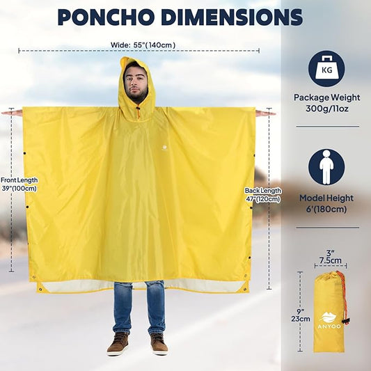 ANYOO Hooded Rain Poncho for Adults Waterproof Lightweight Rain Coat for Men Women Reusable Rain Jacket for Emergency Outdoor