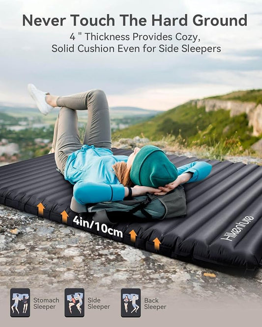 Hikenture Camping Mattress 2 Person Double Sleeping Pad for Camping, 4" Extra-Thick Inflatable & Ultralight Sleeping Air Mat for Backpacking, Hiking (Grey Pumpsack, Semi Double(79 * 47.5 in))
