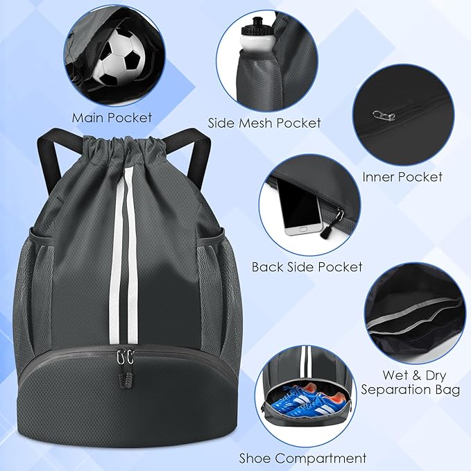 BROTOU Soccer Bags, Football Backpack, Volleyball Bag, Drawstring Soccer Backpack with Ball and Shoe Compartment