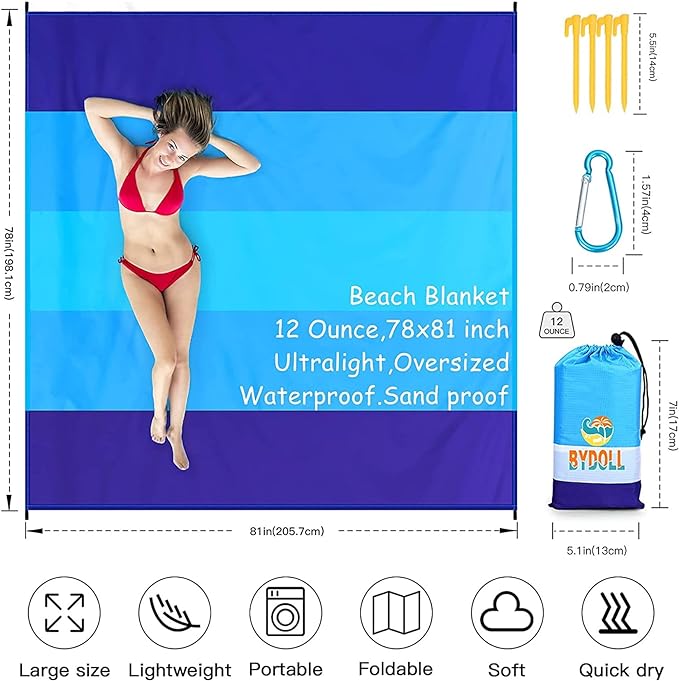 BYDOLL Beach Blanket 78''X81'' 4-7 Adults Oversized Lightweight Waterproof Sandproof Blanket for Beach Large Picnic Mat Travel Camping
