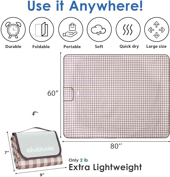 GIVERARE Picnic Beach Blanket Extra Large, XL Sandproof Waterproof Outdoor Camping Blankets 80x60in, Sand Free Oversized Mat, Quick Drying Portable Mats for Travel, Hiking, Music Festival, Lawn-Brown