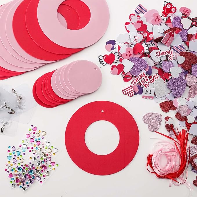 TINYFUTURE 18 Sets DIY Valentine's Day Foam Wreath Crafts Kits Decorations Self Adhesive Heart Sticker Love Heart Letter Shiny Sticker for Kids Party Favors Fun Classroom Home Activities