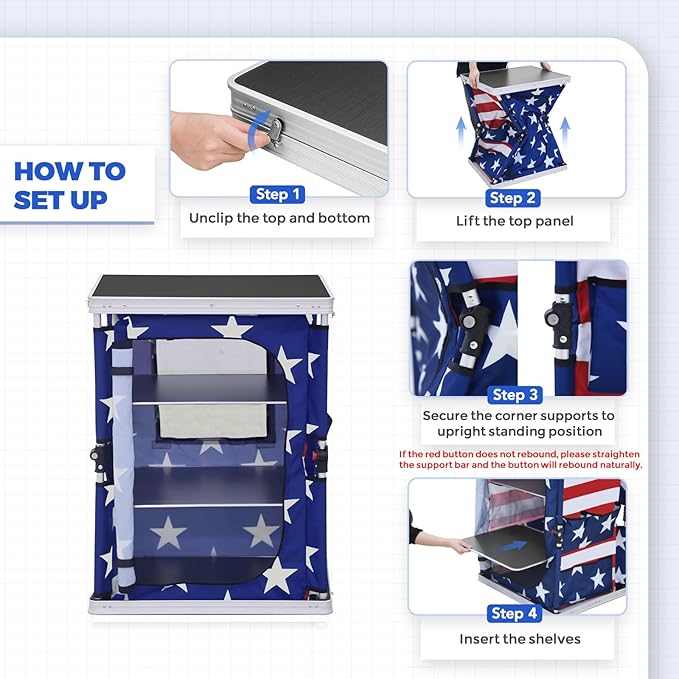 EAGLE PEAK Outdoor Folding Camping Table with Large 3-Tier Storage Organizer and Side Pockets, Easy Set Up Portable Aluminum Camping Kitchen, American Flag