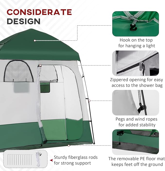 Outsunny Shower Tent, Pop Up Privacy Shelter for Camping, Dressing Changing Room, Portable Instant Outdoor Shower Tent Enclosure w/ 2 Rooms, Shower Bag, Floor and Carrying Bag