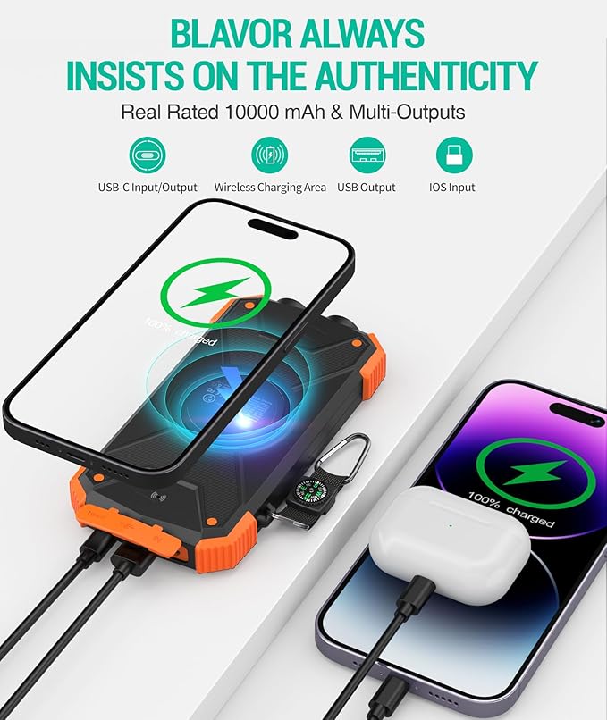 BLAVOR Solar Charger Power Bank 10,000mAh, Portable Wireless Charger, 20W Fast Charging External Battery Pack with USB C for Cell Phones, Solar Panel Charger with Dual Flashlight for Camping
