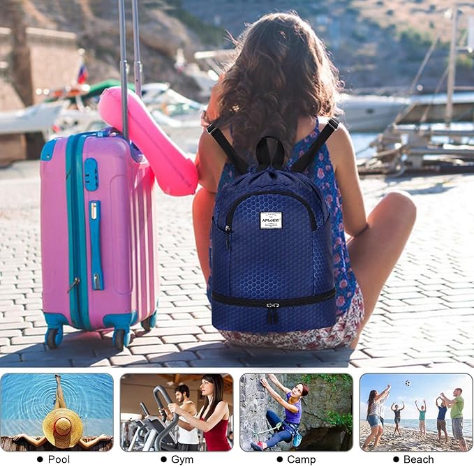 Dry Wet Drawstring Backpack with Shoe Compartment for Women Adjustable Gym Bag