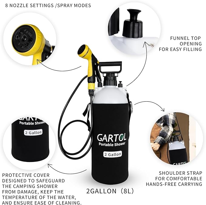 Gartol 2 Gallon Portable Shower with Handheld Showerhead, Silicone Bath Massage Brush, and Thermal Insulation Bag, High-Pressure Camping, Surf, Dog Shower Sprayer