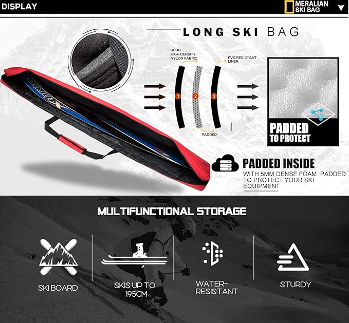 Padded Ski Bag,Waterproof Full Padded Single Ski Travel Bag with Adjustable Shoulder Strap.